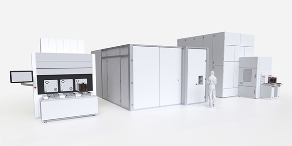 Exterior view of three automated semiconductor metrology and inspection systems